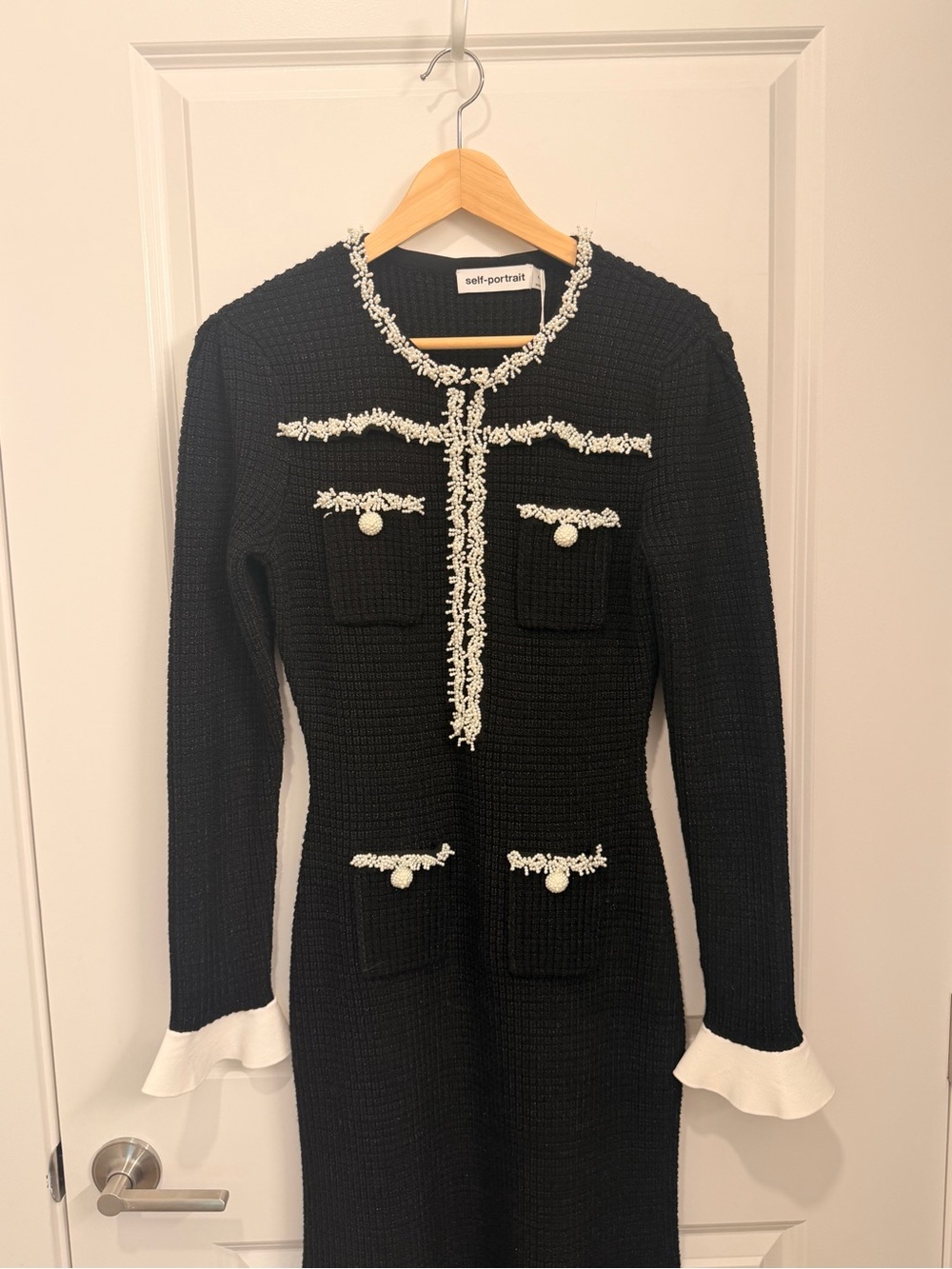 Self-Portrait Black Knit Long-Sleeve Midi Dress with White Trim - Picture 7 of 9